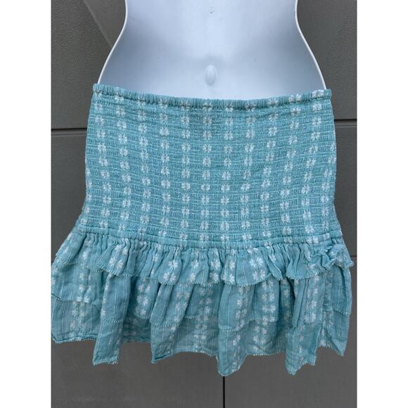 Saylor Womens Celina Smocked Ruffle Mini Skirt Turquoise Sz M Coquette Feminine - Picture 11 of 15